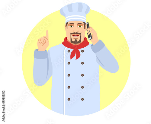 Chef pointing up and talking on the mobile phone