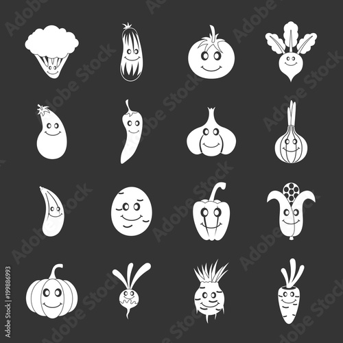 Smiling vegetables icons set grey vector