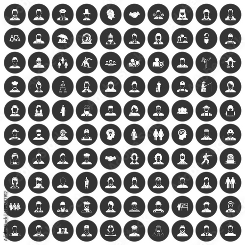 100 people icons set black circle