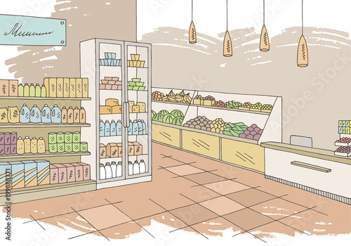 Grocery store shop interior color graphic sketch illustration vector