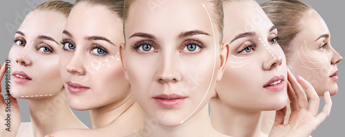 Collage of woman's faces with lifting arrows.