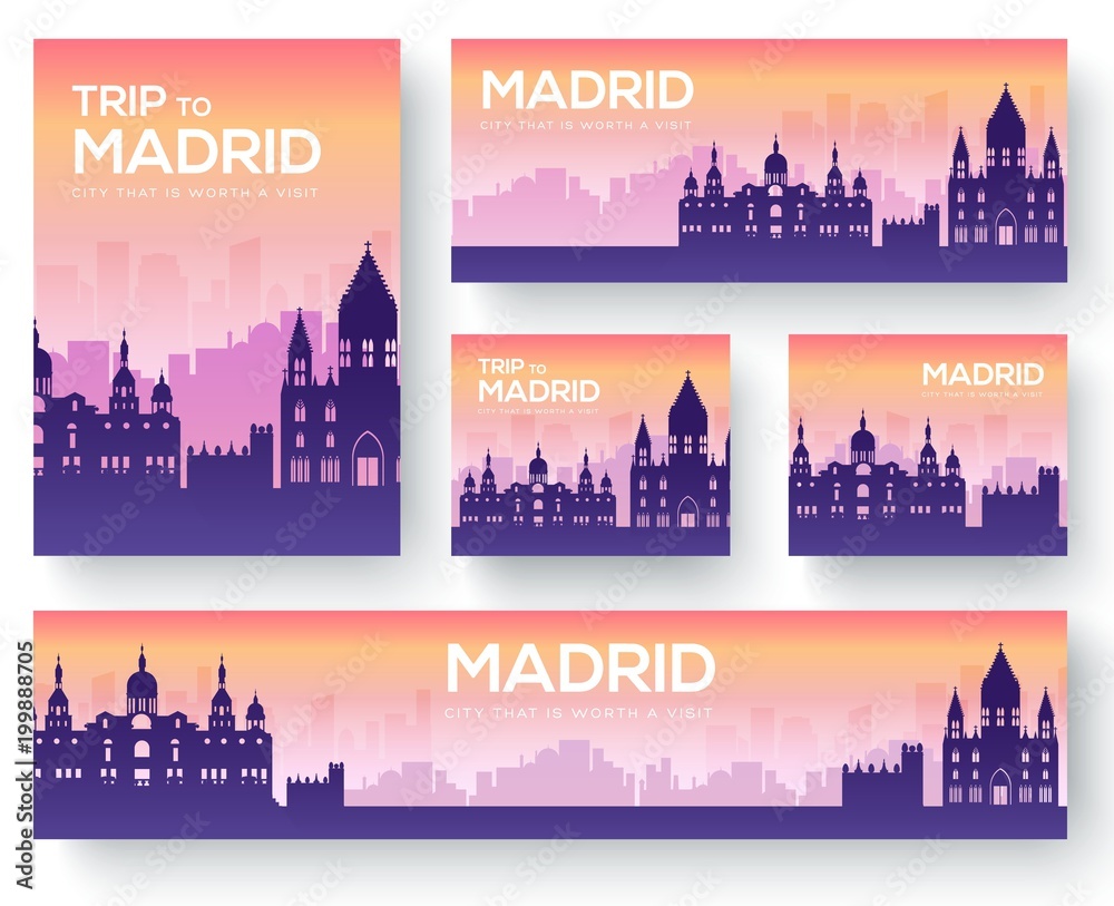 Fototapeta premium Set of Madrid landscape country ornament travel tour concept. Culture traditional, magazine, book, poster, abstract, element. Vector decorative ethnic greeting card or invitation background