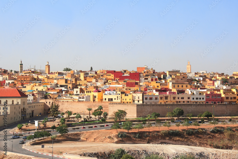 Aerial view on medina of Fez behind the fortress wall, Morocco