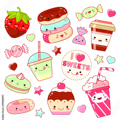 Set of cute sweet icons in kawaii style