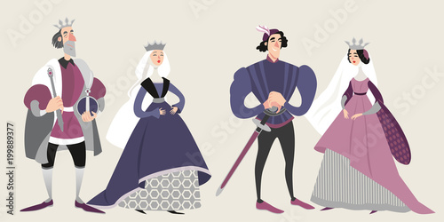 The royal  family.  Middle ages. Funny cartoon characters in historical costumes. Isolated king, queen, prince and princess