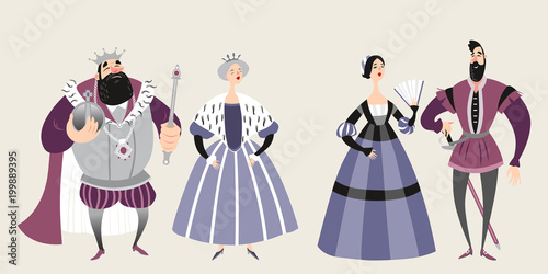 The royal  family. Fairy tale. Funny cartoon characters in fantasy costumes. Isolated king, queen, prince and princess