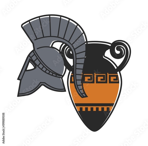 Ancient gladiator metal helmet and amphora with pattern
