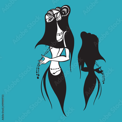 Beautiful muslim woman in black Hijab. Silhouette. Hand drawn vector illustration.