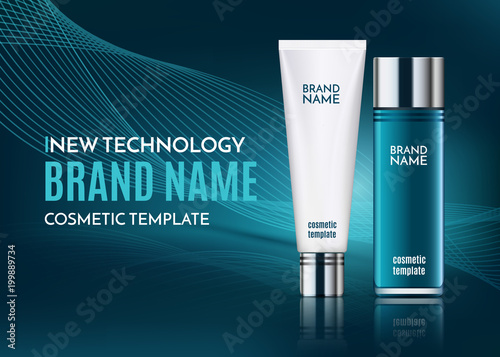 A beautiful cosmetic ads template, blue translucent bottle with white tube for moisturizing cream on background with abstract digital wave. Technology make up modern design