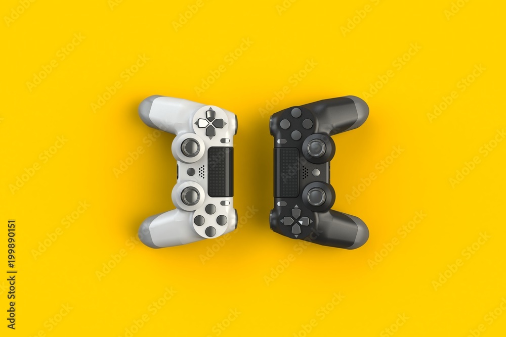 Computer game competition. Gaming concept. White and black joystick isolated on yellow background, 3D rendering Computer game competition. Gaming concept. White and black joystick isolated on yellow background, 3D rendering