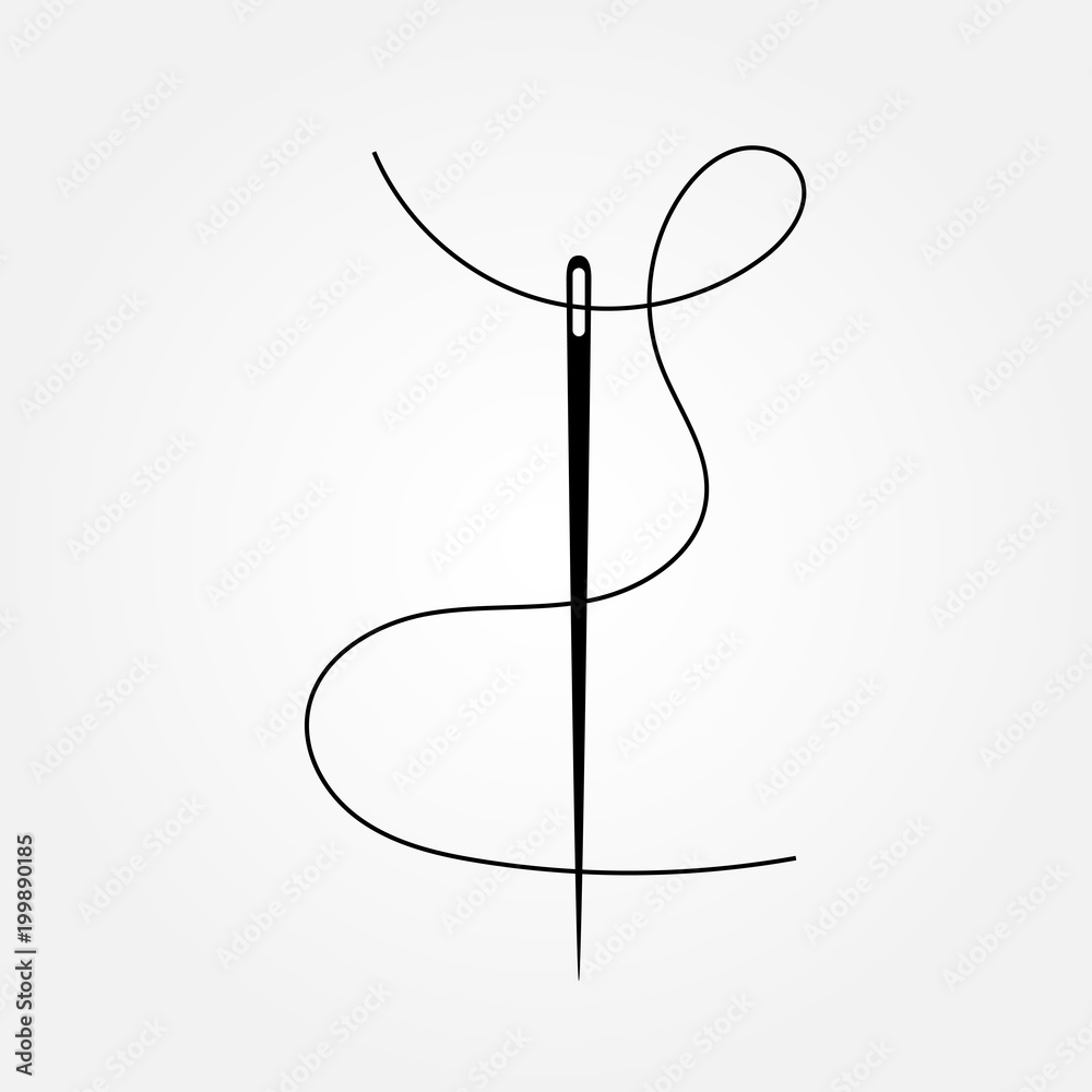 Needle and thread vector icon. Dark gray sewing needle silhouette with ...