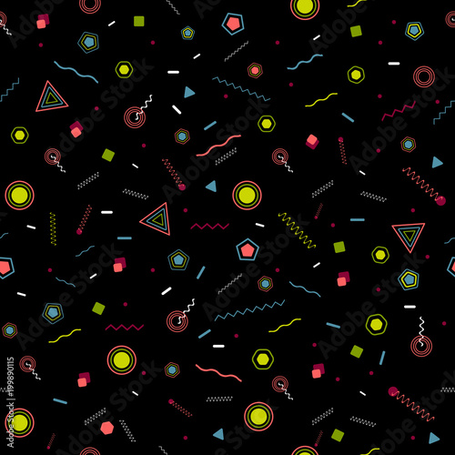 Cool hipster style memphis seamless pattern. Trendy bright abstract texture with color funky shapes on black background. Vector illustration in neo memphis art style for fashion fabric print