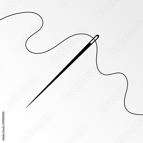 Needle and curly thread vector symbol. Dark gray sewing needle silhouette with wavy thread isolated on white background for tailor website or promo fashion product