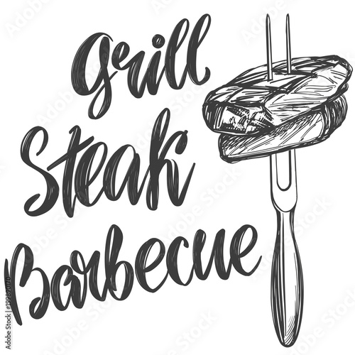 food meat, steak on a skewer roast , calligraphic text, hand drawn vector illustration realistic sketch