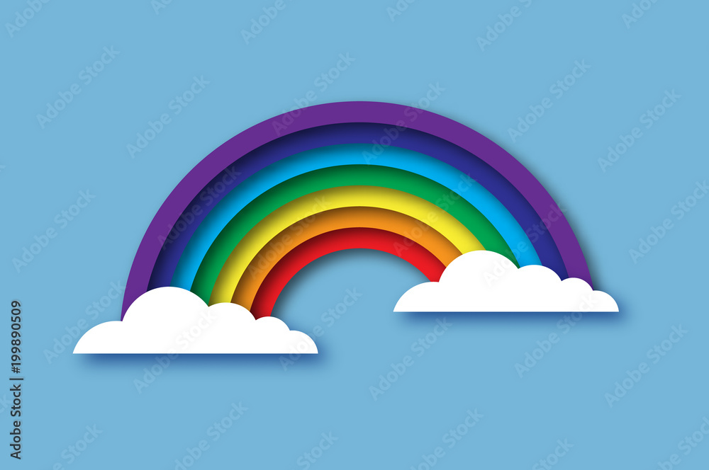 Color rainbow with clouds in paper cut style. Origami Summer symbol on blue sky. Summertime. Color rainbow with clouds in paper cut style. Origami Summer symbol on blue sky. Summertime.