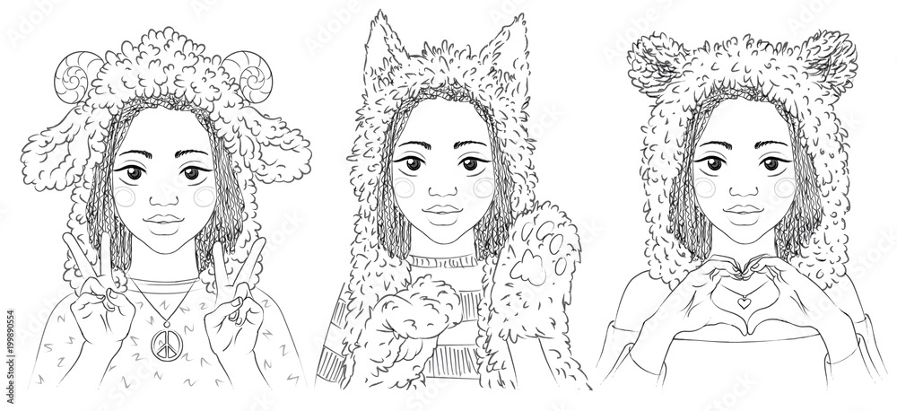 Portraits of cute young women in animal hats. Girl in cat hat and paw gloves. Girl in bear hat making heart sign by her hands. Girl in sheep hat showing peace sign. Vector illustration. Portraits of cute young women in animal hats. Girl in cat hat and paw gloves. Girl in bear hat making heart sign by her hands. Girl in sheep hat showing peace sign. Vector illustration.