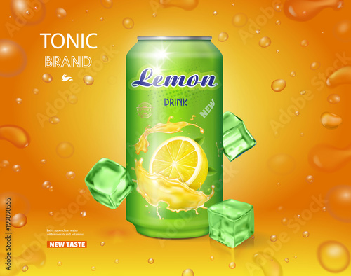 Lemon soft drink advertising. Lemonade can ads design Vector
