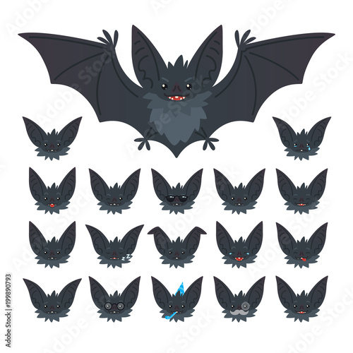 Hallowen character emoticon set. Vector illustration of cute flying grey bat vampire and it s bat-eared snout with different emotions in flat style. Emoticon collection for design, print, decoration.