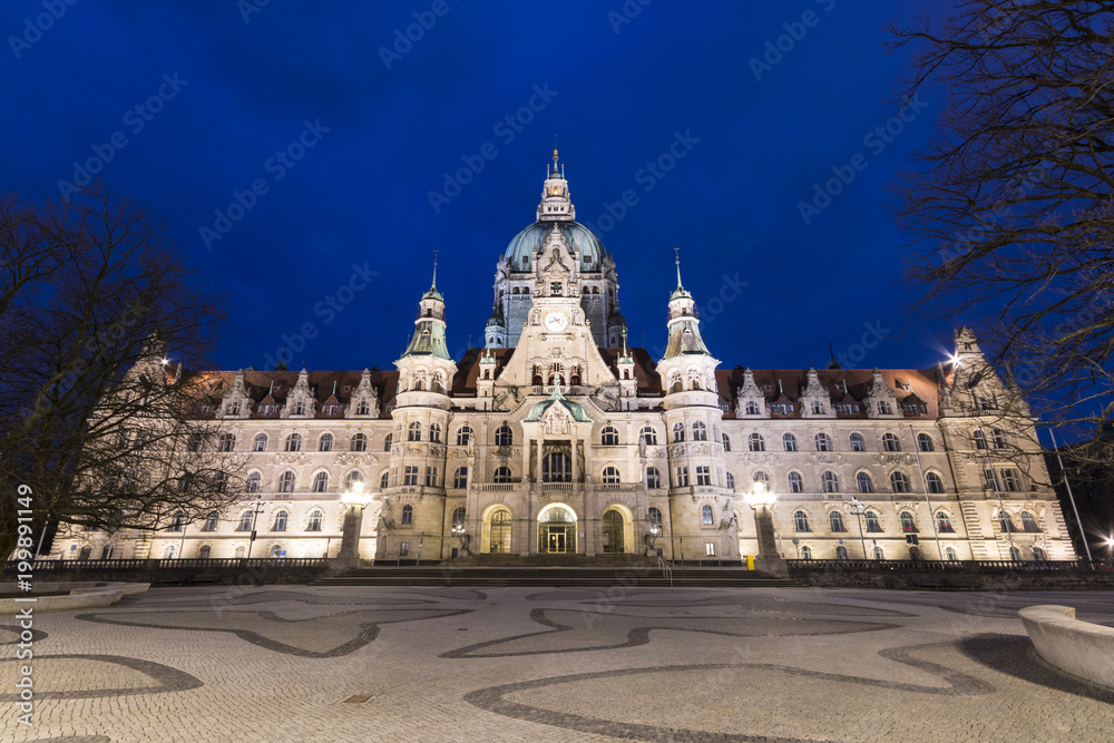 Hannover, Germany. Night view of the New Town Hall (Neues Rathaus), a magnificent castle-like city hall of the era of Wilhelm II in eclectic style