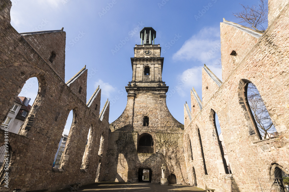 Hannover, Germany. The Aegidienkirche (Saint Giles church), a former church destroyed in World War II and left in ruins as a war memorial
