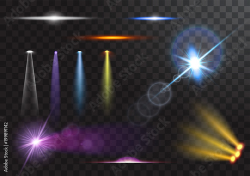 Vector light sources, concert lighting, stage spotlights set. Concert spotlight with beam, illuminated spotlights for web design illustration