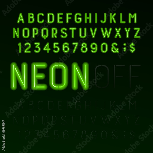 Green neon tube alphabet font. Neon color letters, numbers and symbols. Switched on and switched off. Stock vector typeface for any typography design.