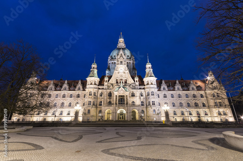 Hannover, Germany. Night view of the New Town Hall (Neues Rathaus), a magnificent castle-like city hall of the era of Wilhelm II in eclectic style