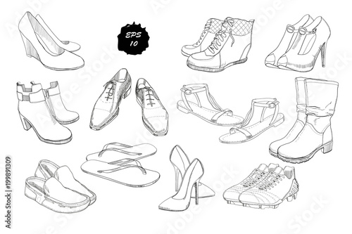 illustration of Set hand drawn graphic Men and women Footwear, shoes. Casual and sport style, gumshoes. Moccasins, sneakers, boots, pumps. Doodle, drawing Design isolated object.