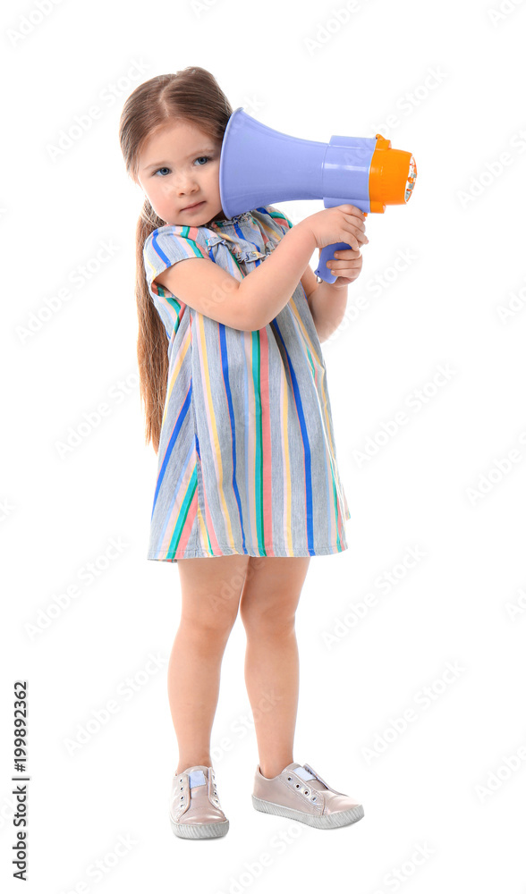 Adorable little girl with megaphone on white background Adorable little girl with megaphone on white background