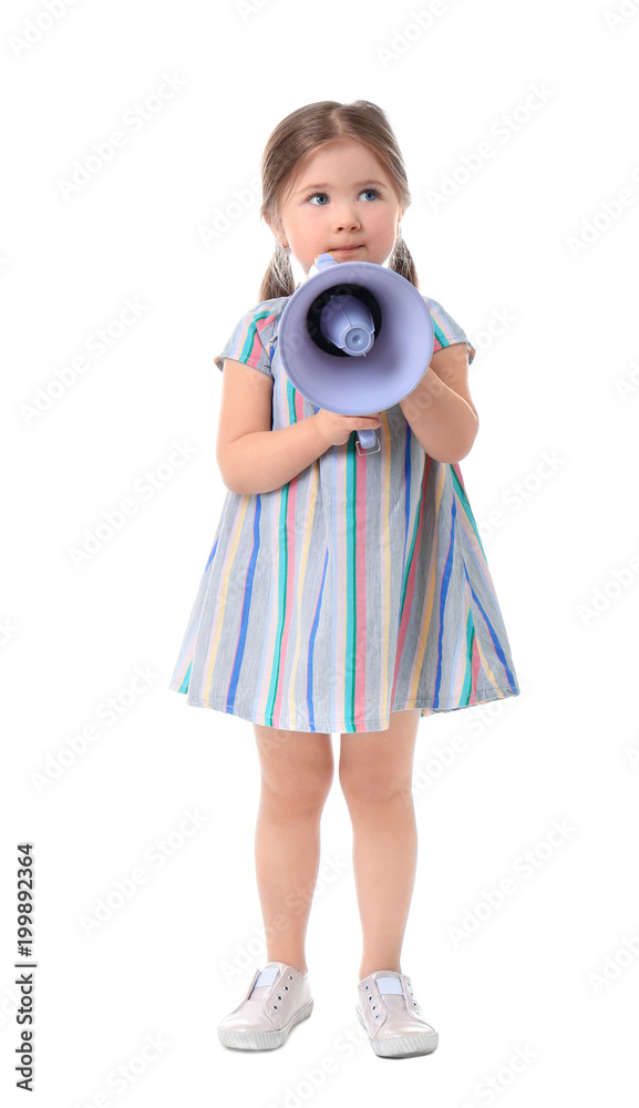 Adorable little girl with megaphone on white background Adorable little girl with megaphone on white background