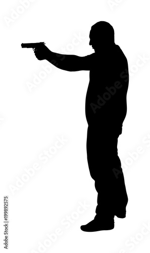 Man with gun shooting vector silhouette illustration.Hunter with pistol in shot.  Public crime scene, gunfight battle.  