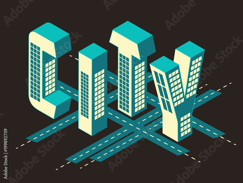 city map and title with isometric building letters in retro blue