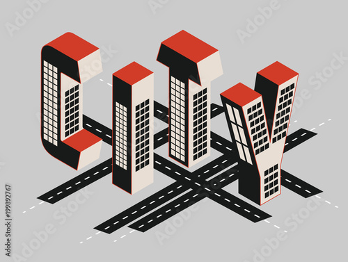 City map and title with isometric building letters in red and black
