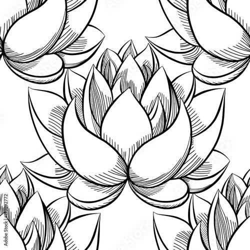 Lotus lily water flower seamless pattern in a vintage woodcut engraved etching style