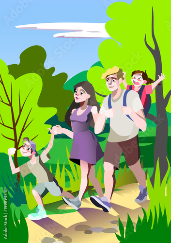 Family walks in the summer garden, father, mother, boy and girl. Vector illustration. 