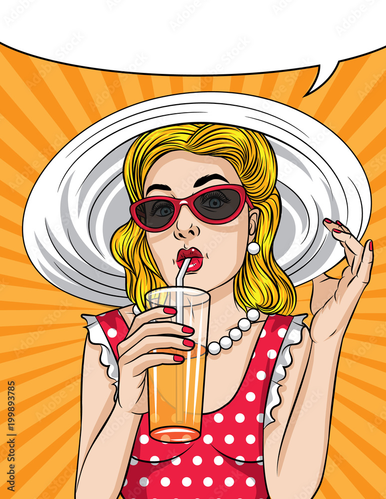Vector retro illustration pop art comic style of a pretty woman in red  dress wear sunglasses