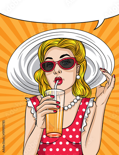 Vector retro illustration pop art comic style of a pretty woman in red dress wear sunglasses and a hat. Summer time vintage poster of a beautiful girl drinking a cocktail with orange juice