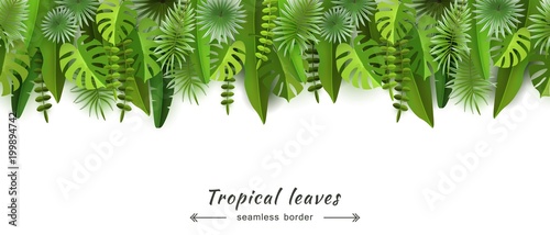 Tropical leaves Seamless border Cut paper Vector illustration