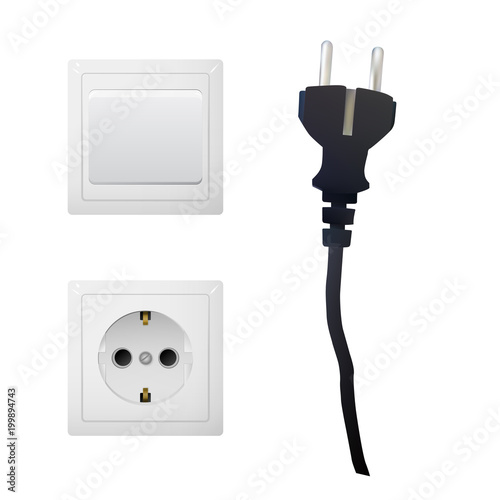 Electrical adapter with outlet, switch and black plug. Energy power vector illustration.