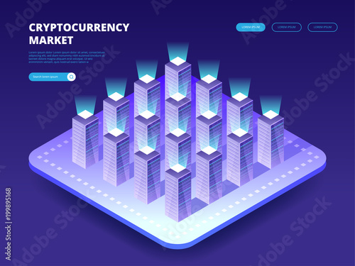 Cryptocurrency Market. Cloud data center with hosting servers. Computer technology, network and database, internet center.
