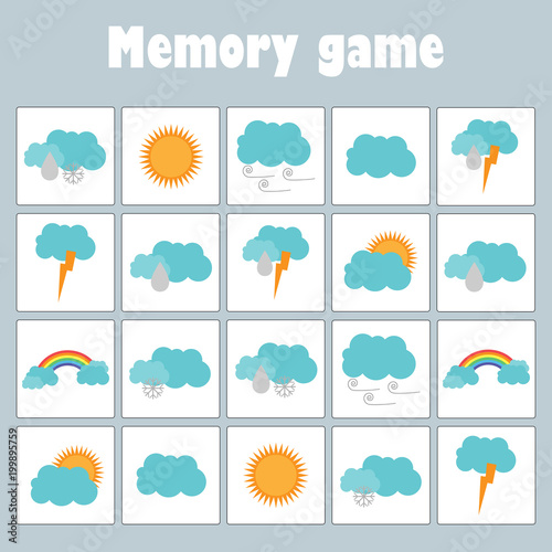 Memory game with pictures (weather theme) for children, fun education game for kids, preschool  activity, task for the development of logical thinking, vector illustration