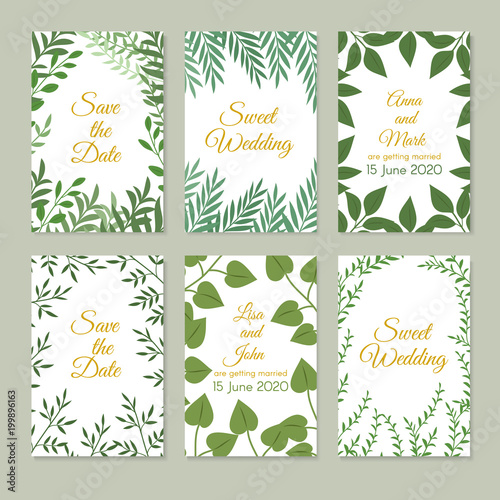 Romantic wedding invitation cards with green garden decoration, leaves and branches. Spring floral art vector set