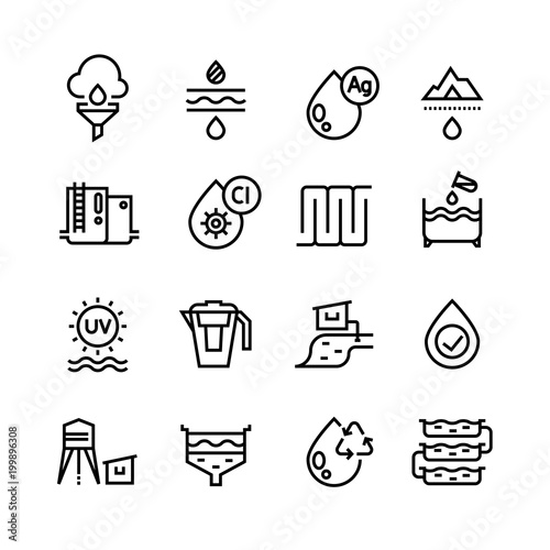 Effluent water treatment. Water purification linear vector icons