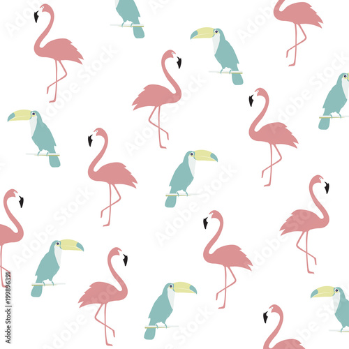 Trendy pastel flamingo and toucan seamless pattern background. Tropical poster design. Wallpaper, fabric, textile, wrapping paper vector illustration design