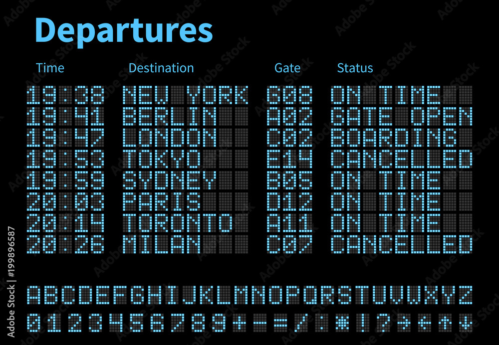 Departures arrivals airport digital board vector template. Airline scoreboard with led letters and numbers Stock Vector | Adobe Stock