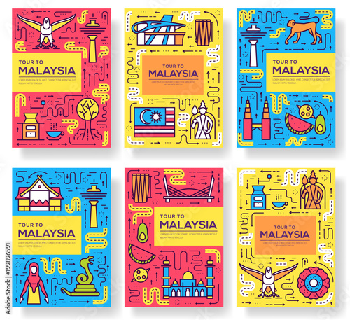 Country Malaysia travel vector brochure cards thin line. architecture template of flyear, magazines, posters, book cover, banners. Layout  monument set on  traditional ethnic  or outline modern pages