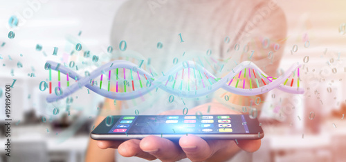 Man holding a 3d rendering data coded Dna with binary file around photo