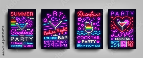 Collection posters Cocktail party neon. Flyer template design in neon style. Set flyers cocktail party invitation to dance, light banner bright brochure nightlife night neon. Vector illustration