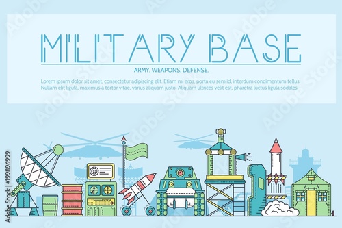 Thin line set of different rocket weapons and vehicles on military base concept.  Outline military base vector illustrationd design