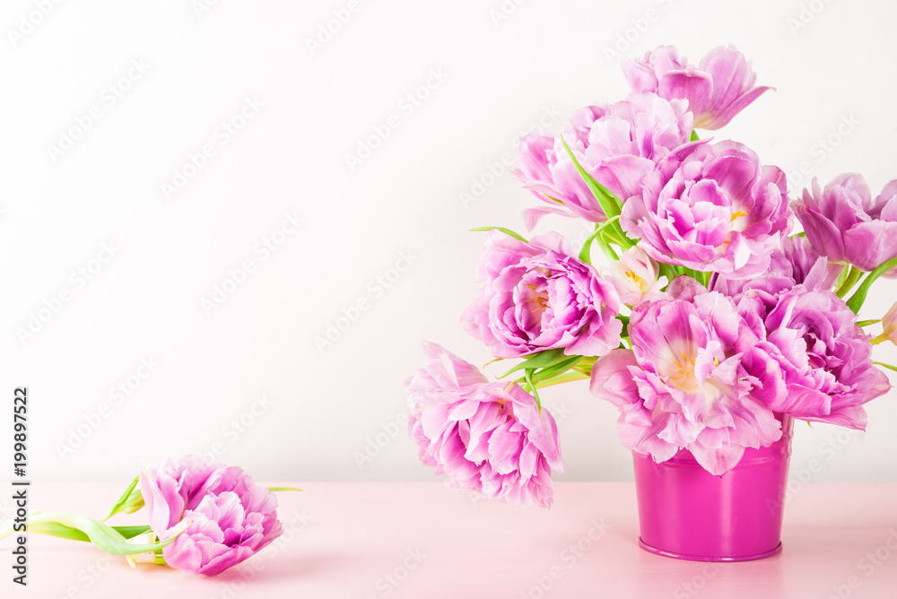 Beautiful Bunch of Peony Style Tulips on the Pink Pot Beautiful Bunch of Peony Style Tulips on the Pink Pot